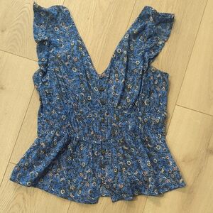 Old Navy Blue and Black Ruffled Smocked Blouse